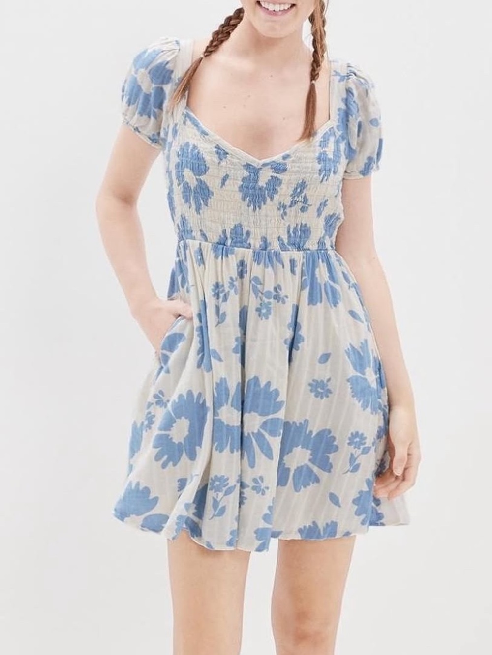 American Eagle Peplum Summer Dress White Blue Floral Smocked Babydoll XS